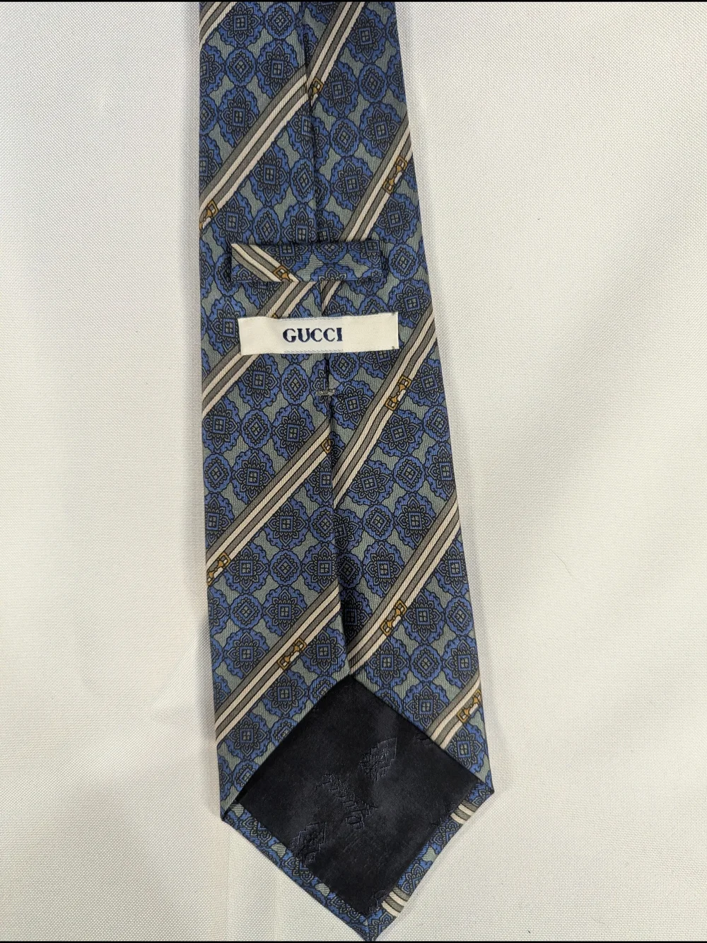 Vintage Gucci Silk Tie | Blue Medallion Print | Horsebit Stripe